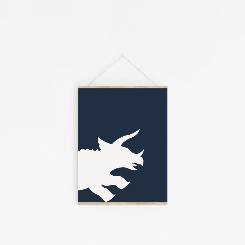 Dinosaur Prints, Set of 3 Posters, Navy Blue, Green and Mustard, Dinosaur Wall Art, T Rex Print, Triceratops, Brontosaurus, Digital Download image 3