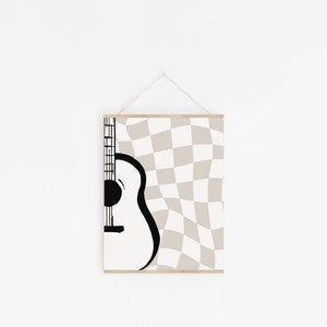 May include: A black and white illustration of a guitar with a checkered background in shades of beige and white.