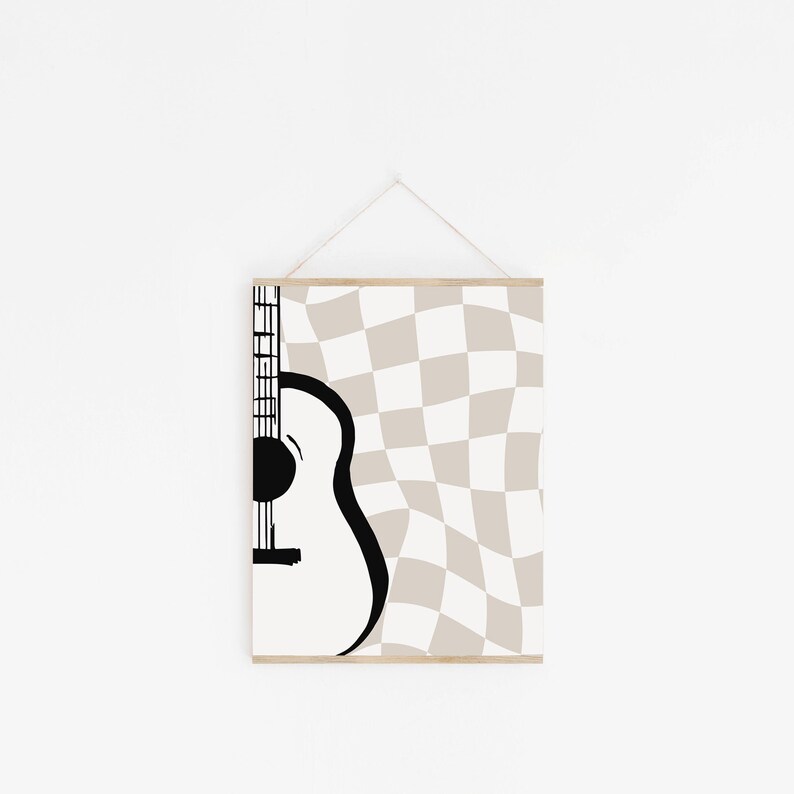 May include: A black and white illustration of a guitar with a checkered background in shades of beige and white.
