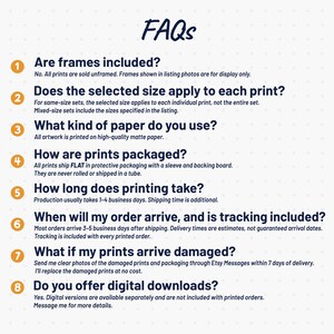 May include: An informational graphic titled FAQs with eight numbered orange circles. The text addresses common questions regarding unframed prints, paper quality, packaging, production times, shipping, damage policies, and digital download availability.