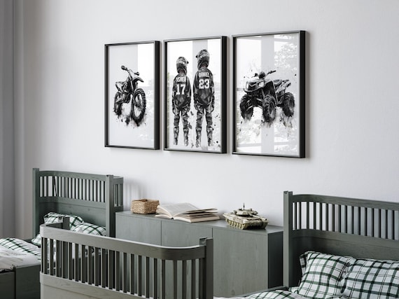 Personalized ATV & Dirt Bike Wall Art Set of 3, Custom Name and Number, Choose 1 or 2 Riders, Boys Room Decor Gift