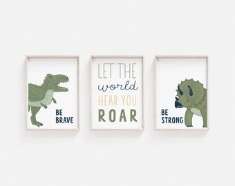 Dinosaur wall art green navy orange, Set of 3 printables, Nursery printables, Boys wall art, Nursery wall decor