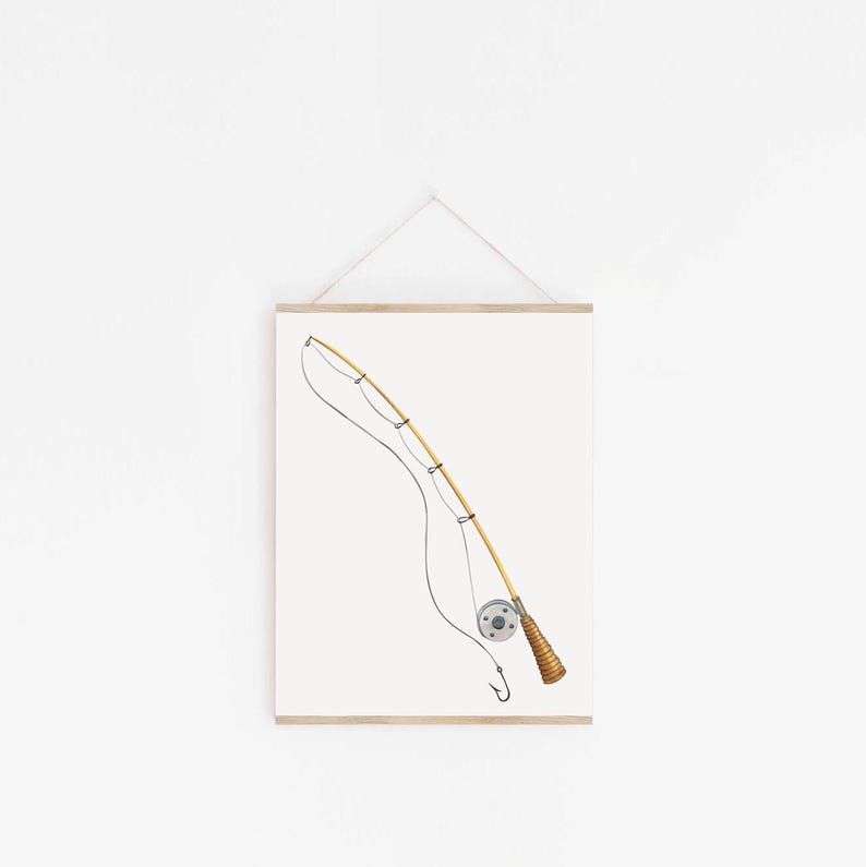 May include: A simple line drawing of a fishing rod with a reel and line. The rod is brown and the reel is silver. The line is thin and black.