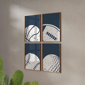 Set of 4 Sport Balls, Navy Blue Wall Art, Sports Nursery, Toddler Sports Prints, Boy Room Decor, Basketball Print, Football, Digital Art
