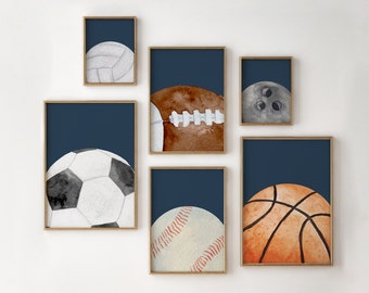 Nursery Art Sports, Boys Wall Art, Set of 6 Ball Prints, Sport Decor Toddler Room, Navy Decor Bedroom, Sports Boys Room, Sport Printable