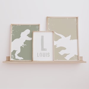 Impresiones de dinosaurios, arte mural personalizado, tonos verde, beige y gris, arte de T Rex y Triceratops, efecto desgastado, descarga digital