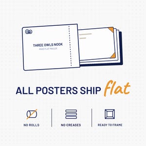 May include: A white rigid flat mailer with the text THREE OWLS NOOK RIGID FLAT MAILER and an owl icon. It contains stacked posters with orange corner protectors. Text reads ALL POSTERS SHIP flat, NO ROLLS, NO CREASES, and READY TO FRAME.