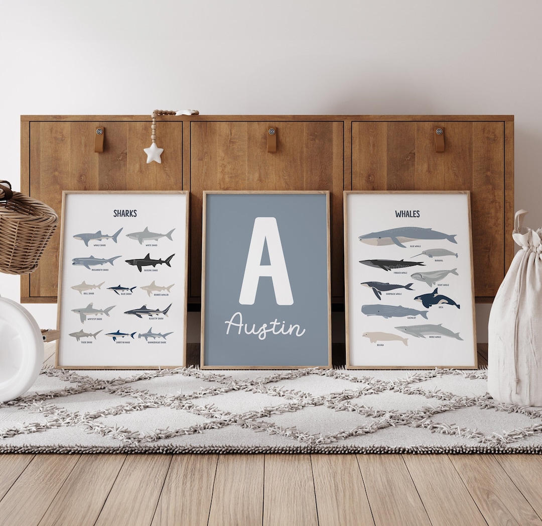 Personalized Shark and Whale Nursery Art Prints (digital Download Set ...