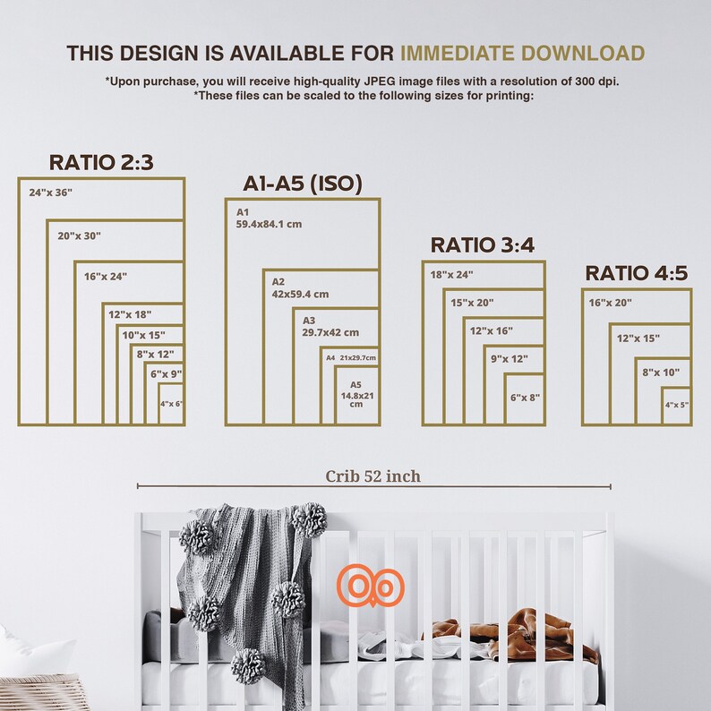 May include: A white crib with a gray blanket and a white and orange logo. The image shows different sizes for printing a design with various aspect ratios, including 2:3, 3:4, and 4:5. The sizes are listed in inches and centimeters.