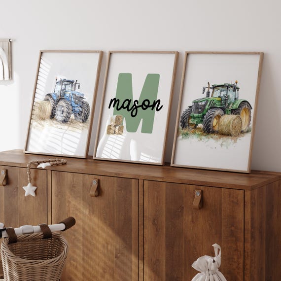 Farm Tractor Wall Art Set of 3, Custom Name Printable, Boys Farm Nursery Decor, Tractor Prints Digital Download