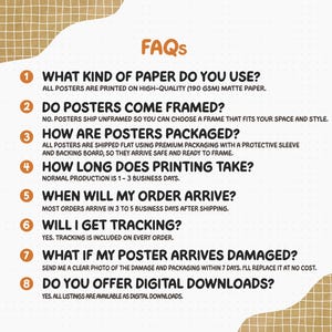 Pode incluir: Um gr&aacute;fico informativo intitulado FAQs com um padr&atilde;o de grade bege nos cantos. Lista oito perguntas e respostas numeradas sobre a qualidade do papel, molduras, embalagem, tempo de produ&ccedil;&atilde;o, envio, rastreamento e downloads digitais de p&ocirc;steres.