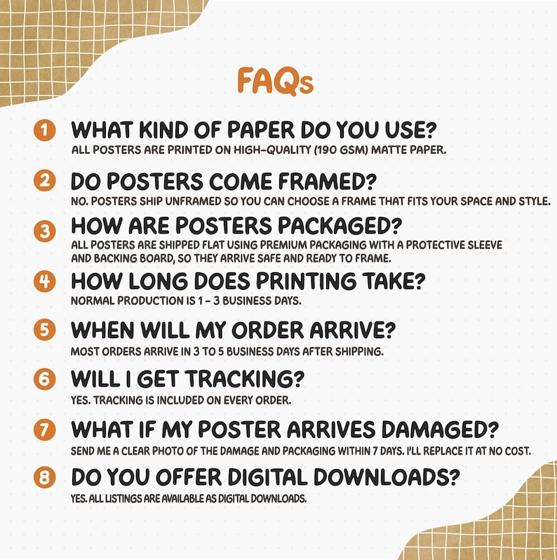 Pode incluir: Um gr&aacute;fico informativo intitulado FAQs com um padr&atilde;o de grade bege nos cantos. Lista oito perguntas e respostas numeradas sobre a qualidade do papel, molduras, embalagem, tempo de produ&ccedil;&atilde;o, envio, rastreamento e downloads digitais de p&ocirc;steres.