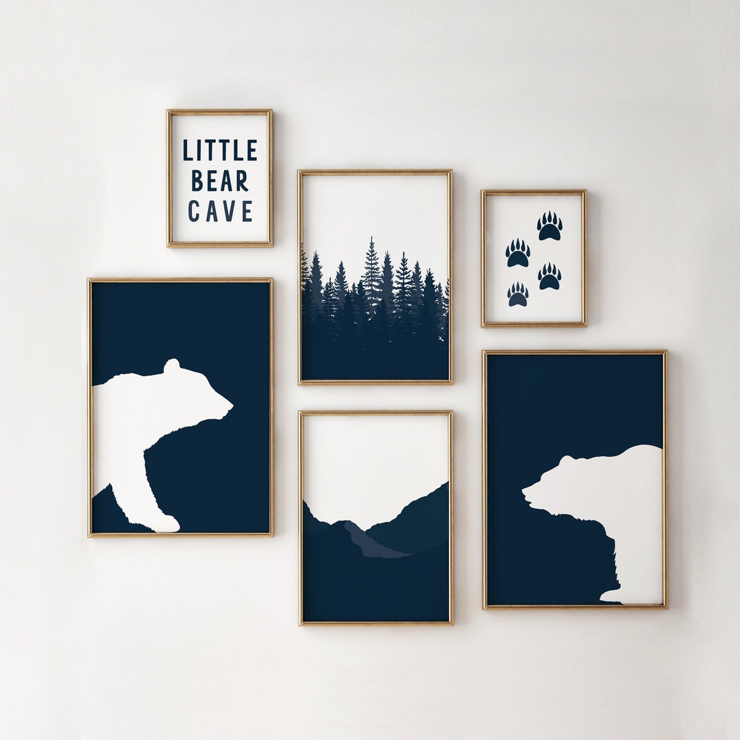 Woodland Nursery Navy Blue, Bear Nursery Art, Mountain Nursery Prints