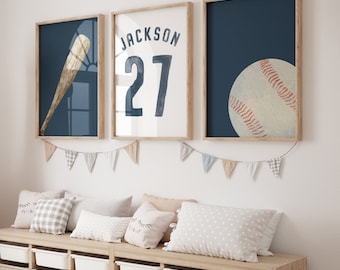 Impresiones de béisbol, impresión de camiseta de béisbol, nombre personalizado, arte de pared de béisbol, decoración de la habitación de los niños, imprimible en la guardería, arte de la pared de béisbol