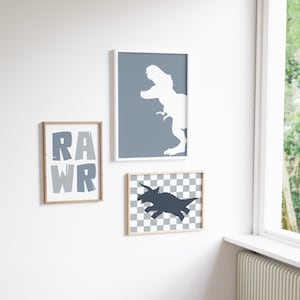 Dinosaur Prints Set of 3, Dinosaur Wall Art, Dinosaur Bedroom Decor, T-Rex Roar & Checkered Dino Designs, Kids Room Decor, Instant Download