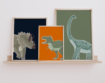 Dinosaur Nursery Art Prints: T-Rex, Triceratops, Brontosaurus (Digital Download)