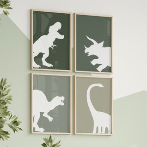 Set Of 4 Dinosaur Prints, Shades of Green, Toddler Room Wall Art, Tyrannosaurus Rex, Triceratops, Spinosaurus, Brontosaurus, Digital Files