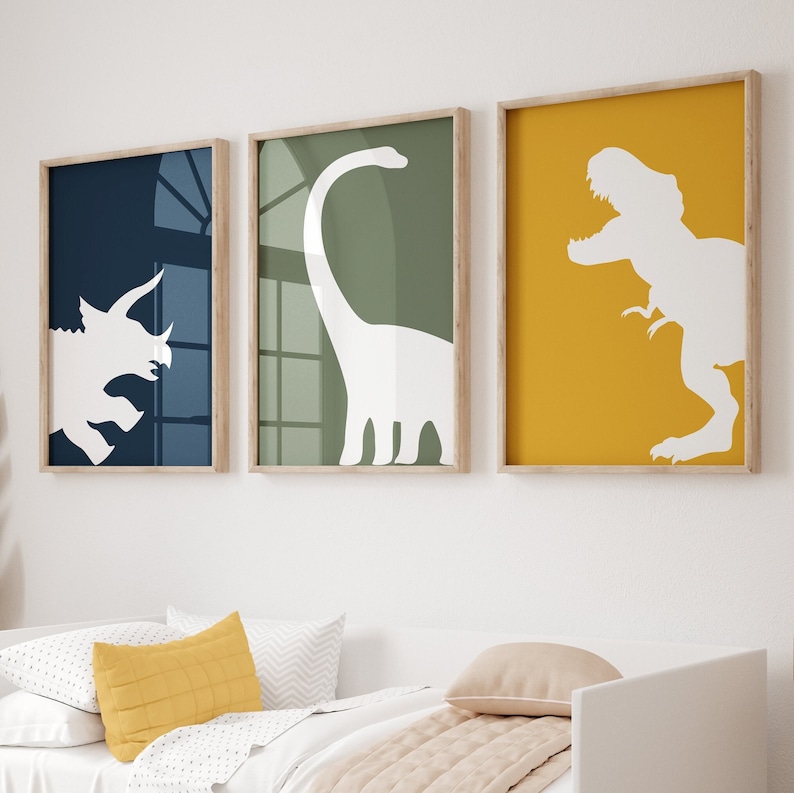 Dinosaur Prints, Set of 3 Posters, Navy Blue, Green and Mustard, Dinosaur Wall Art, T Rex Print, Triceratops, Brontosaurus, Digital Download image 1