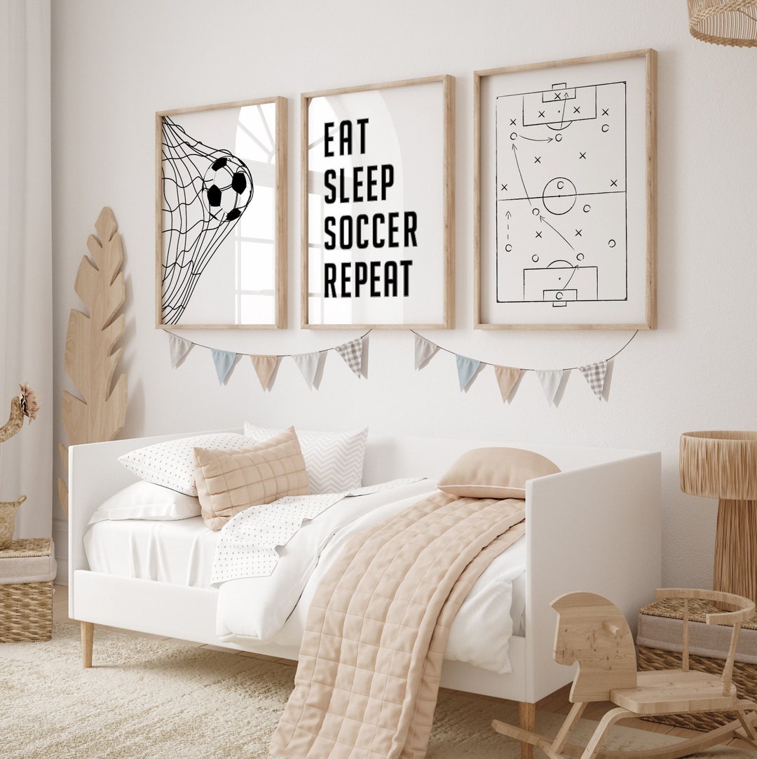 Lot De 3 Affiches Football Aquarelle Avec Cadres - Décoration Murale Chambre Garçon 20x25cm