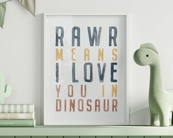 Dinosaur Quote, Watercolor Art, Navy-Mustard-Rust, Nursery Decor, Rawr Means I Love You In Dinosaur, Dinosaur Print, Instant Download