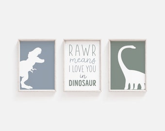 Dinosaur Wall Art, Set Of 3 Prints, T-Rex Print, Brontosaurus Poster, Dino Wall Decor, Nursery Printables