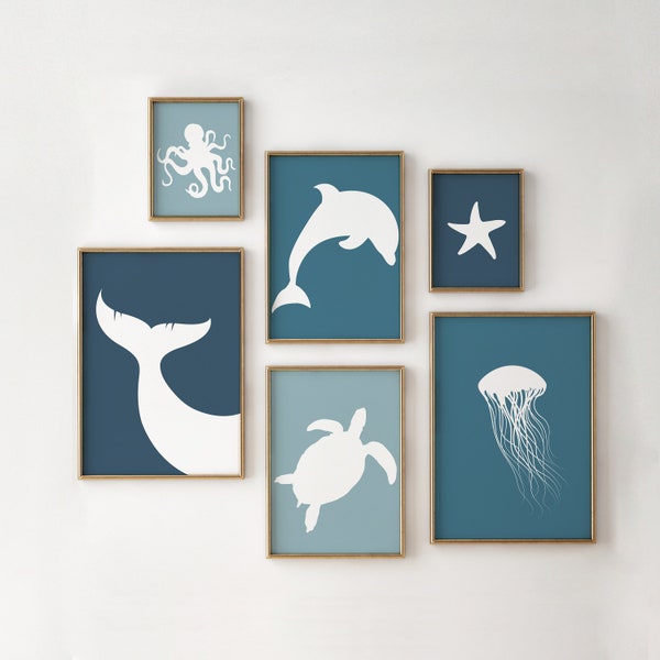 Set Of 6 Sea Animal Prints, Ocean Themed Nursery, Gallery Wall Art, Nursery Wall Decor, Dark Blue, Light Blue and Teal Background