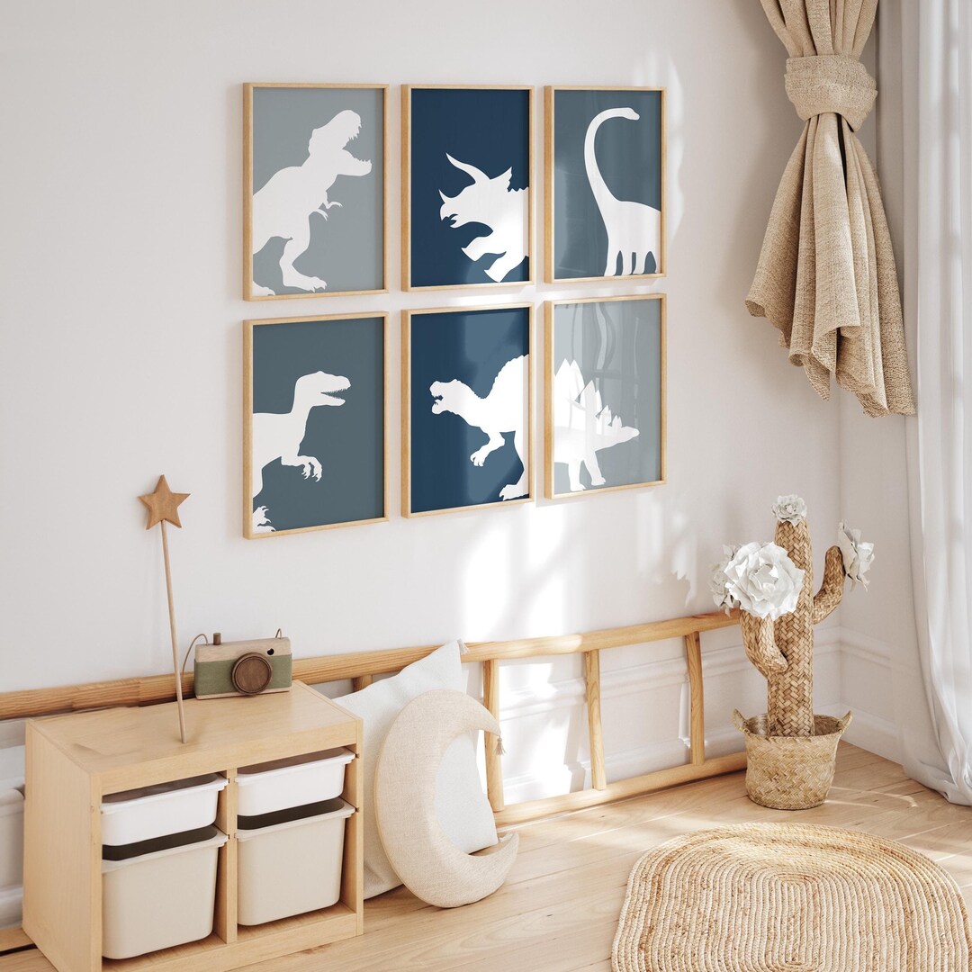 Set of 6 Dinosaur Prints, Blue Tones, Dinosaur Gift, Dinosaur Poster ...