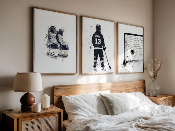 Personalized Hockey Wall Art, Custom Name & Number Watercolor Print, Build Your Own Set of 3 4 or 5 Posters, Boys Hockey Room Decor Gift