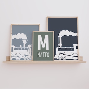 Arte murale personalizzata con treni, stampa iniziale personalizzata con nome, arte murale stampabile con treni, poster vintage con locomotiva a vapore, download digitale