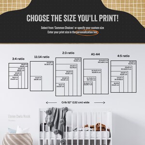 May include: A graphic showing different print sizes for a photo or artwork. The sizes are listed in inches and centimeters. The graphic also includes the text "Choose the size you'll print!" and "Select from 'Common Choices' or specify your custom size. Enter your print size in the personalization box."