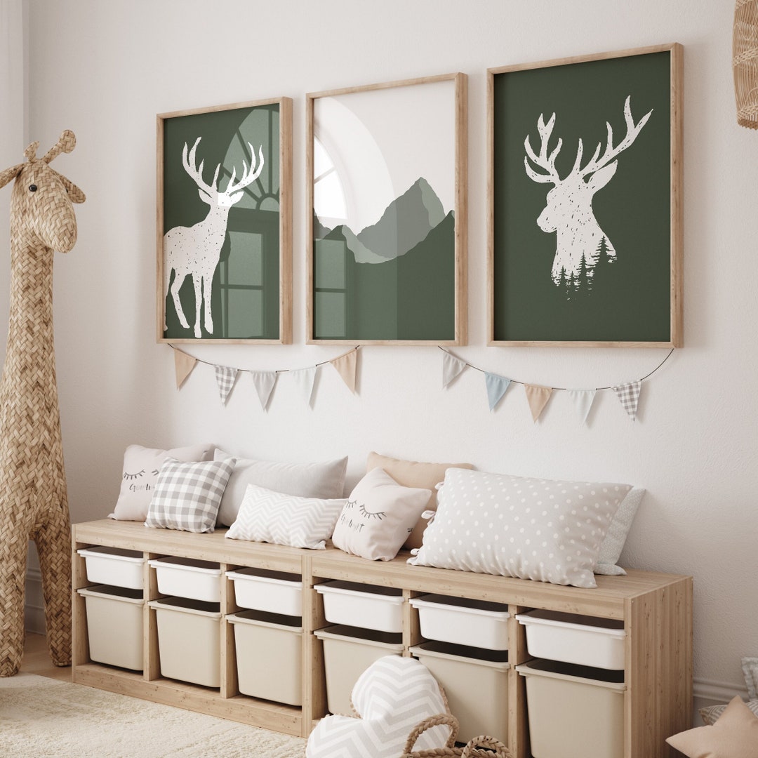 Deer Nursery Art Prints: Green Woodland Decor (set of 3) (digital ...