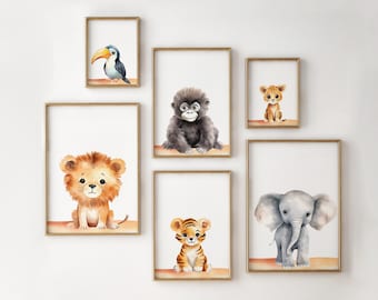 Safari Nursery Digital Prints Set of 6, Watercolor Baby Animals,  Lion, Elephant, Gorilla, Toucan, Cheetah, Tiger, Instant Download