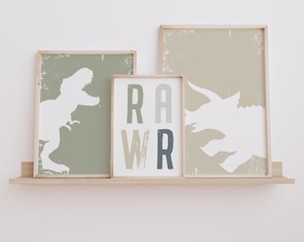 Dinosaur Nursery Prints Set: T-Rex, Triceratops, 'Rawr' (Digital Download)