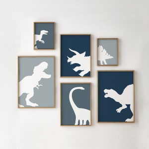 Set of 6 Dinosaur Prints, Blue Tones, Toddler Room Wall Art, T Rex, Stegosaurus, Velociraptor, Brontosaurus, Spinosaurus and Triceratops