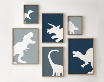 Set of 6 Dinosaur Prints, Blue Tones, Toddler Room Wall Art, T Rex, Stegosaurus, Velociraptor, Brontosaurus, Spinosaurus and Triceratops