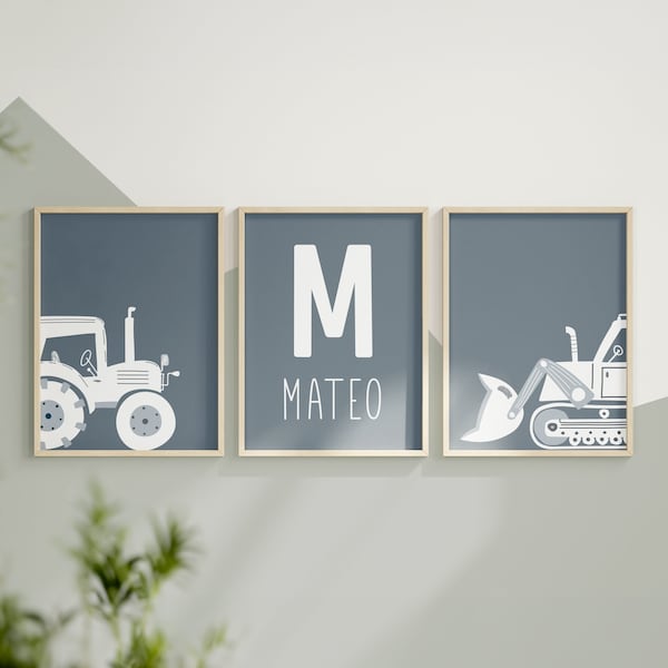 Construction prints, Toddler Boy Room Decor, Custom Name, Tractor Print, Bulldozer Poster, Nursery Wall Art, Printable Art, Digital Download