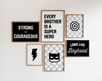 Superhero Prints, Set of 6, Superhero Decor, Superhero Nursery Artwork, Black and Light Gray, Toddler Wall Art, Instant Download