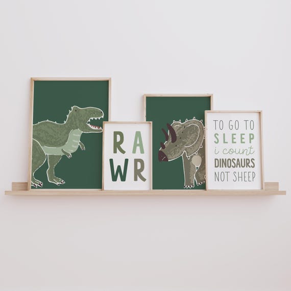 Dinosaur Nursery Art Prints: Green Dino Decor, Set of 4 (Digital Download)