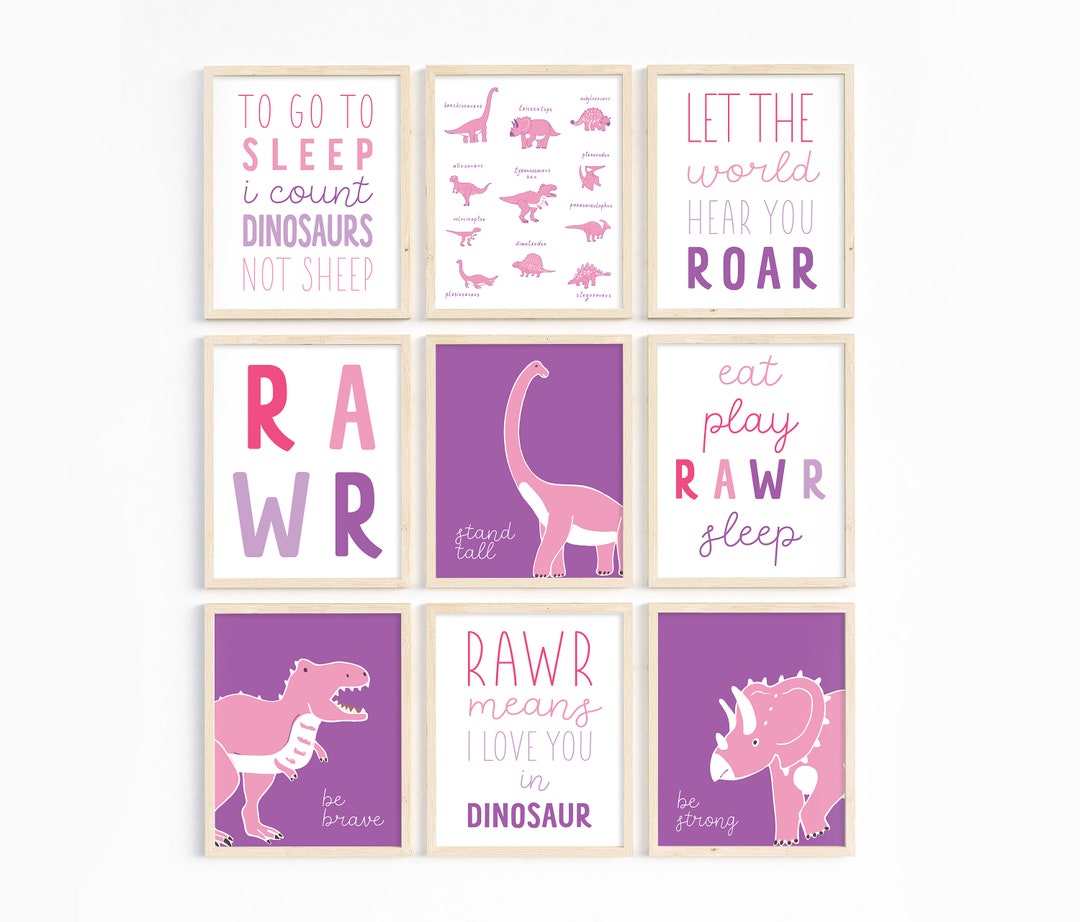 Set of 9 Girls Dinosaur Prints, Pink and Purple, Nursery Wall Art