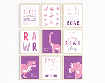 Set Of 9 Girls Dinosaur Prints, Pink And Purple, Nursery Wall Art, Girls Room Decor, T Rex, Triceratops, Brachiosaurus, INSTANT DOWNLOAD