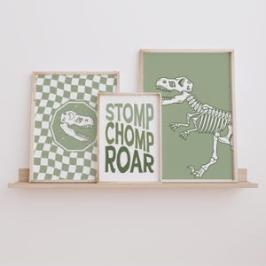 Dinosaur Skeleton Prints, Boys Room Wall Art, Dinosaur Decor, Set of 3 Printables, Sage Green,  T-Rex Poster, Stomp Chomp Rawr
