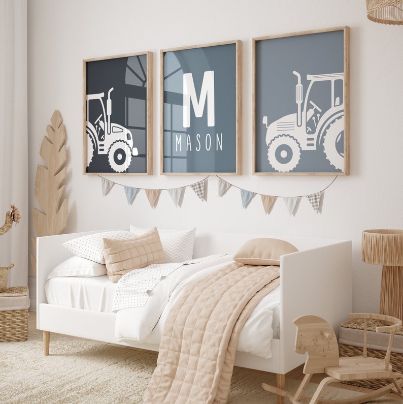 Tractor Wall Decor, Farmhouse Nursery Prints, Set of 3 Prints, Custom Name Wall Art, Tractor Wall Decor, Printable Art, Grey Color Scheme image 3