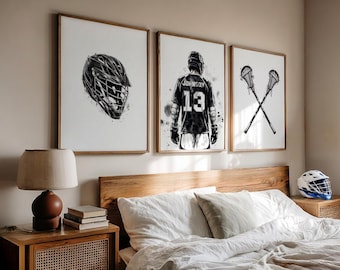 Personalized Lacrosse Wall Art Set of 3, Custom Name & Number Watercolor Print, Boy or Girl Player, Lacrosse Gift