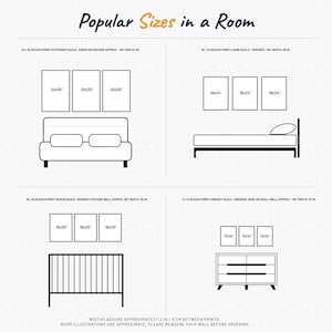 May include: A black and white infographic titled Popular Sizes in a Room showing four wall art arrangements. It displays print dimensions of 20x30, 18x24, 16x20, and 11x14 inches above furniture like beds, a crib, and a dresser with set width notes.