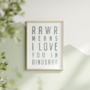 Dinozaur do druku, cytat o dinozaurze, sztuka akwarelowa, wystrój pokoju dziecięcego, Rawr oznacza kocham cię w dinozaurze, wydruk dinozaura, natychmiastowe pobieranie