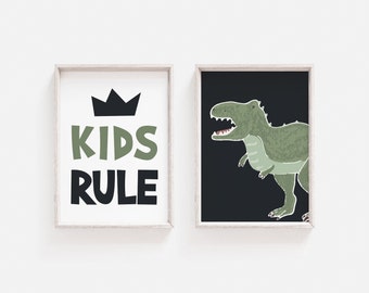 T-Rex imprimible, Impresión de regla de niños, Arte de pared de dinosaurio, Juego de 2 imprimibles, Impresión azul marino oscuro, Decoración de pared de Dino, Arte de pared de guardería