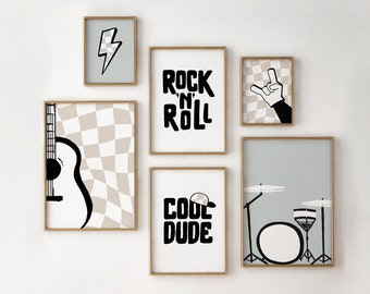 Decoración de vivero Rock 'N' Roll, avena y gris claro, arte musical de la pared, obras de arte de instrumentos, decoración de la pared del dormitorio del niño, arte de la guardería, descarga digital