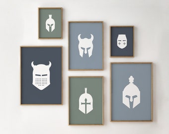 Set of 6 Medieval Knight Helmets, Printable Knightly Decor, Boys Room Wall Art, Nursery Decor, Digital Download
