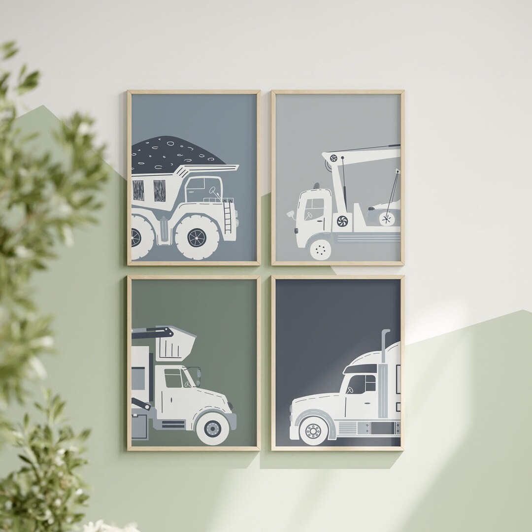Truck Prints, Set of 4, Toddler Wall Art, Boys Bedroom Decor, Garbage