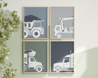 Truck Prints, Set of 4, Toddler Wall Art, Boys Bedroom Decor, Garbage Truck, Dump Truck, Crane Truck, Semi Truck, Instant Download